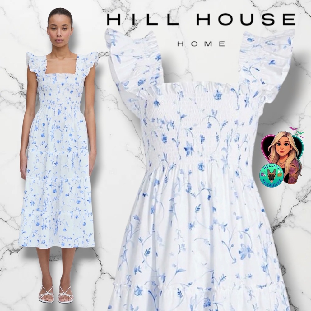 Hill House Small Ellie Nap Dress Blue Botanical Smocked Tiered Midi Bunny Bows‎
